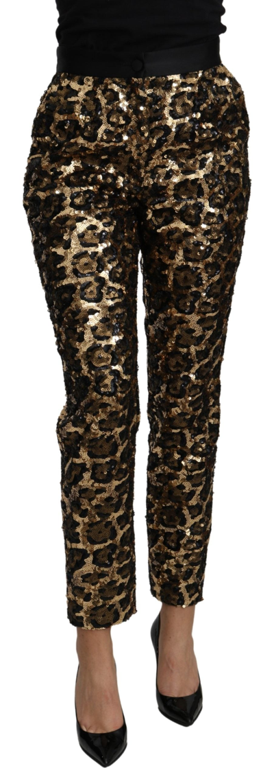 Shop Dolce & Gabbana Gold Brown Leopard Sequined High Waist Women's Pants