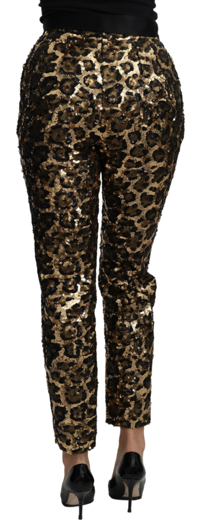 Shop Dolce & Gabbana Gold Brown Leopard Sequined High Waist Women's Pants