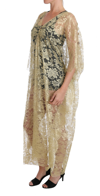 Shop Dolce & Gabbana Gold Floral Lace Crystal Gown Cape Women's Dress