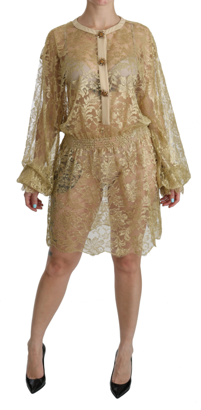 Shop Dolce & Gabbana Elegant Gold Lace A-line Knee Length Women's Dress