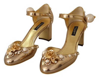 Shop Dolce & Gabbana Gold Leather Studded Crystal Ankle Strap Women's Shoes