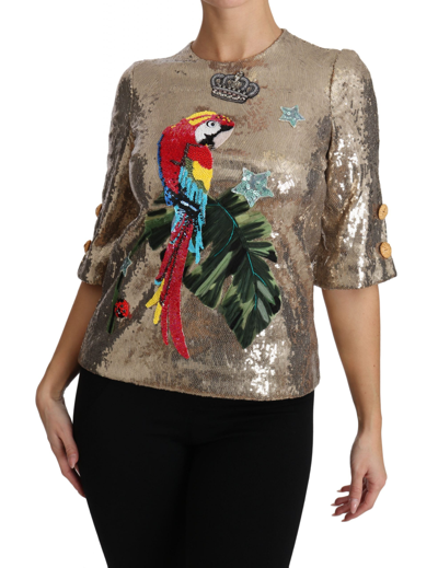 Shop Dolce & Gabbana Gold Sequined Parrot Crystal Women's Blouse