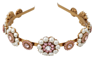 Shop Dolce & Gabbana Gold Tiara Crystal Floral Pearl Headband Logo Women's Diadem