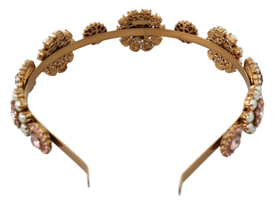 Shop Dolce & Gabbana Gold Tiara Crystal Floral Pearl Headband Logo Women's Diadem