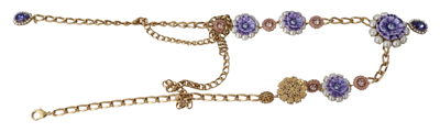 Dolce & Gabbana Gold Tone Floral Crystals Purple Embellished Necklace In Gold
