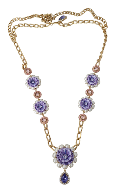 Dolce & Gabbana Gold Tone Floral Crystals Purple Embellished Necklace In Gold