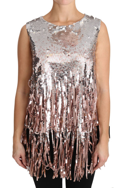 Shop Dolce & Gabbana Golden Pink Sequined Fringe Tank Women's Top In Gold And Pink