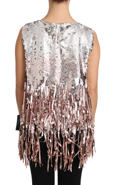 Shop Dolce & Gabbana Golden Pink Sequined Fringe Tank Women's Top In Gold And Pink