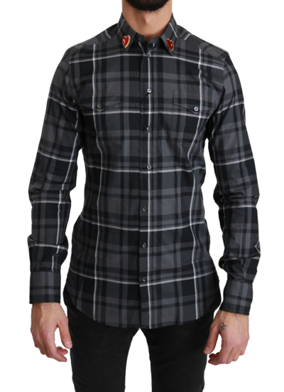 Shop Dolce & Gabbana Gray Checkered Heart Collar Martini Men's Shirt