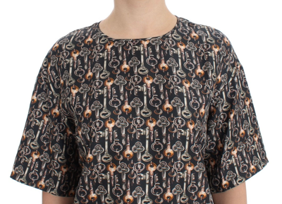 Shop Dolce & Gabbana Gray Gold Key Print Silk Blouse Women's T-shirt