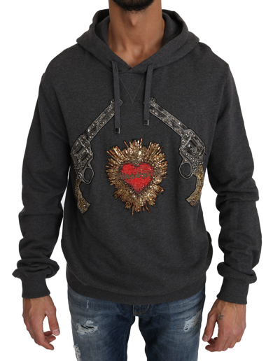 Shop Dolce & Gabbana Gray Hooded Red Crystal Heart Gun Men's Sweater