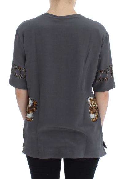 Shop Dolce & Gabbana Gray Knight Crown Print Silk Blouse Women's Top