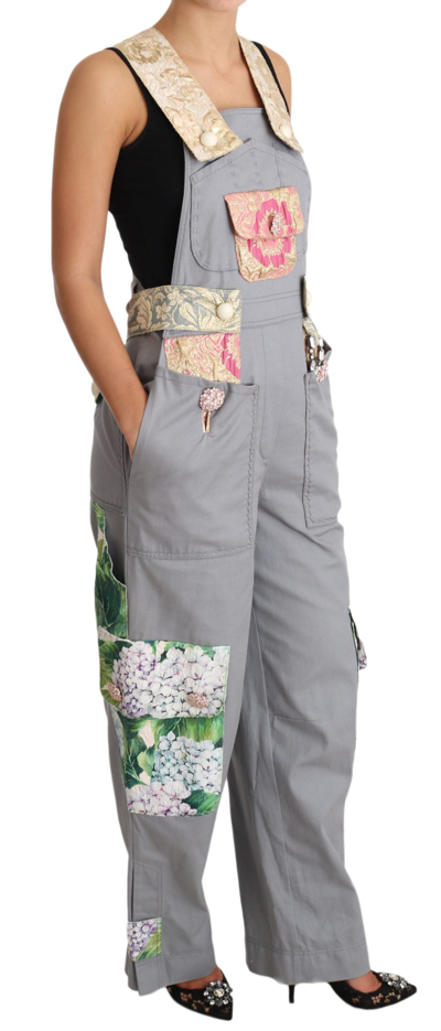 Shop Dolce & Gabbana Exquisite Floral Embellished Denim Women's Overalls In Gray