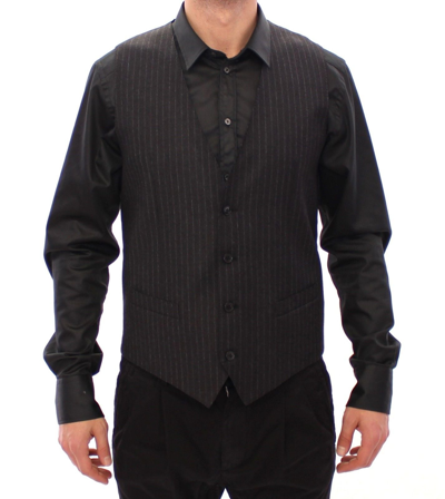 Shop Dolce & Gabbana Gray Striped Wool Logo Vest Gilet Men's Vests
