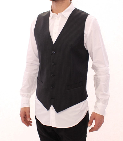 Shop Dolce & Gabbana Gray Striped Wool Single Breasted Men's Vest In Black