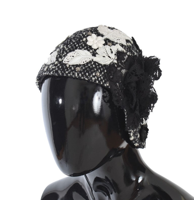 Shop Dolce & Gabbana Gray Wool Floral Lace Studded Cloche Women's Hat In Multicolor