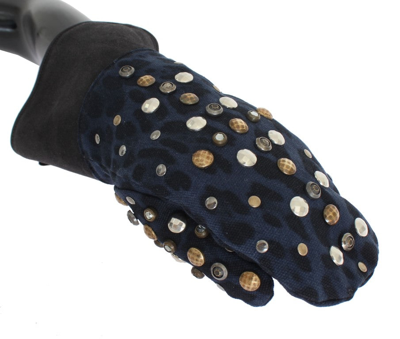 Shop Dolce & Gabbana Gray Wool Shearling Studded Blue Leopard Men's Gloves