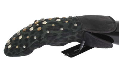 Shop Dolce & Gabbana Gray Wool Shearling Studded Green Leopard Men's Gloves