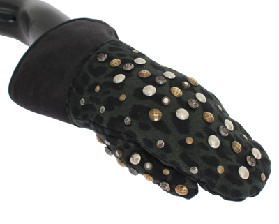 Shop Dolce & Gabbana Gray Wool Shearling Studded Green Leopard Men's Gloves