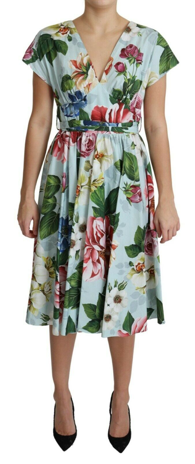Shop Dolce & Gabbana Green Floral Short Sleeves V-neck Women's Dress