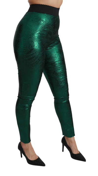 Shop Dolce & Gabbana Green Jacquard High Waist Legging Stretch  Women's Pants