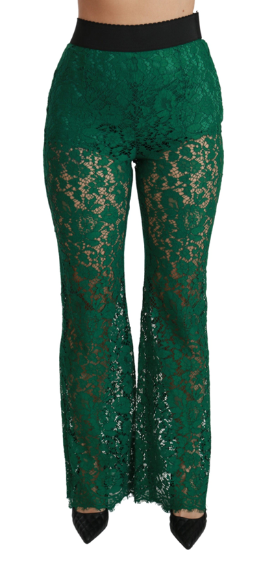 Shop Dolce & Gabbana Green Lace High Waist Flared Women's Pants