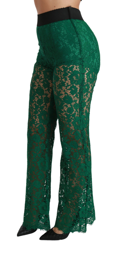 Shop Dolce & Gabbana Green Lace High Waist Flared Women's Pants