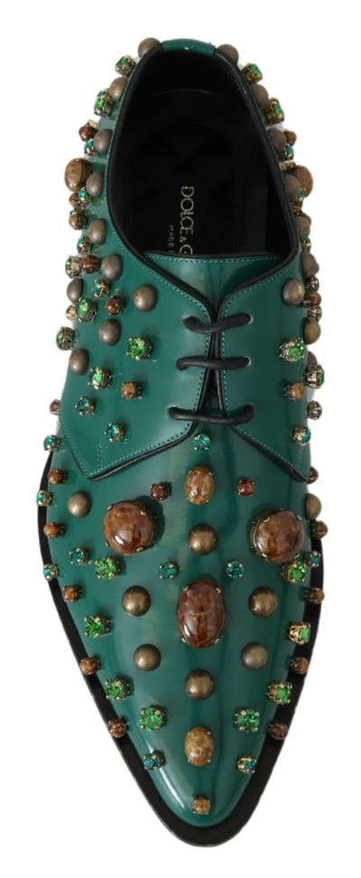 Shop Dolce & Gabbana Emerald Leather Dress Shoes With Crystal Women's Accents In Green
