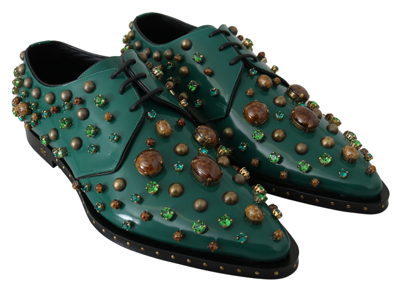 Shop Dolce & Gabbana Emerald Leather Dress Shoes With Crystal Women's Accents In Green