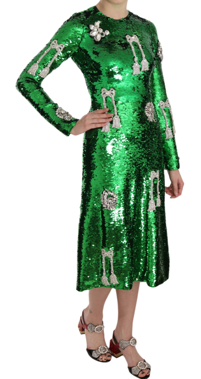 Shop Dolce & Gabbana Elegant Below Knee Green Embroidered Women's Dress