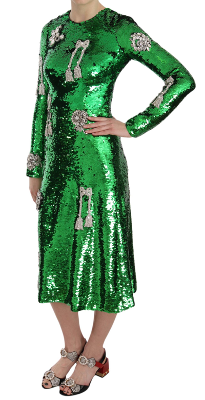 Shop Dolce & Gabbana Elegant Below Knee Green Embroidered Women's Dress