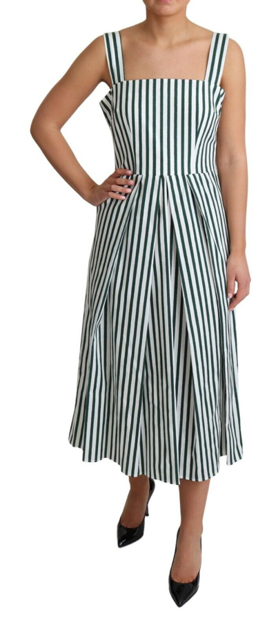 Shop Dolce & Gabbana Green Striped Cotton A-line Women's Dress In White