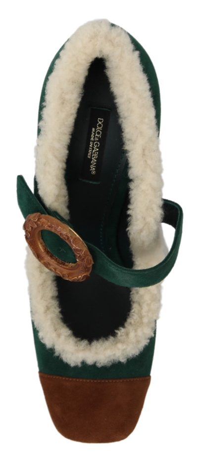 Shop Dolce & Gabbana Green Suede Fur Shearling Mary Jane Women's Shoes