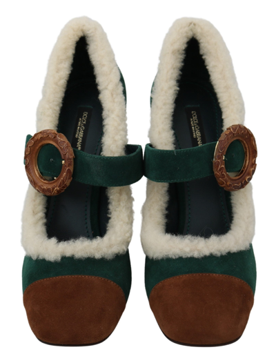 Shop Dolce & Gabbana Green Suede Fur Shearling Mary Jane Women's Shoes