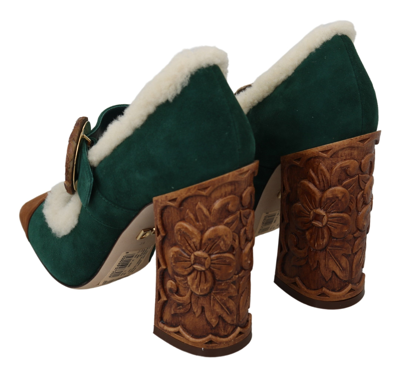 Shop Dolce & Gabbana Green Suede Fur Shearling Mary Jane Women's Shoes