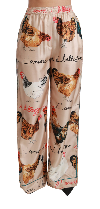 Shop Dolce & Gabbana Hen Chicken Silk Pajama Trouser Women's Pants In Beige