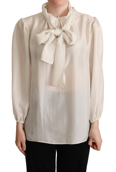 Shop Dolce & Gabbana Elegant Light Gray Silk Ascot Women's Blouse