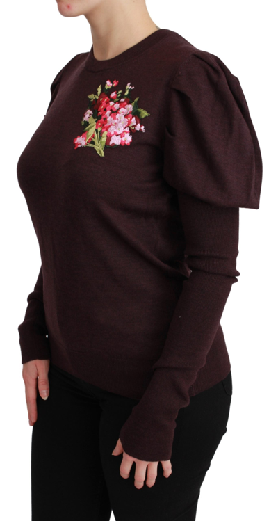 Shop Dolce & Gabbana Maroon Floral Wool Pullover Women's Sweater In Bordeaux