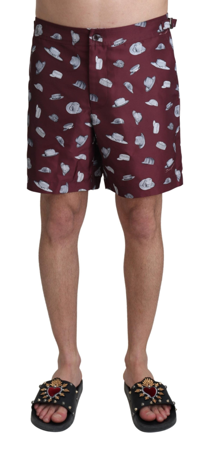 Shop Dolce & Gabbana Maroon Hats Print Beachwear Shorts Men's Swimwear In Marrone