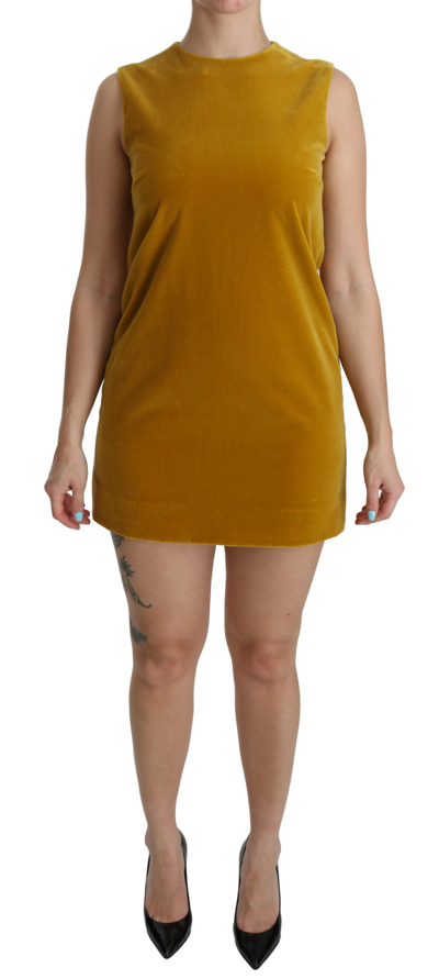 Shop Dolce & Gabbana Mustard Velvet Shift Mini Women's Dress In Yellow