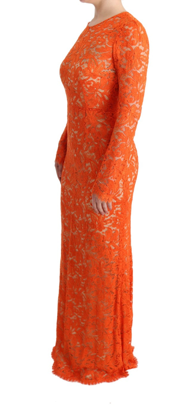Shop Dolce & Gabbana Orange Floral Ricamo Sheath Long Women's Dress