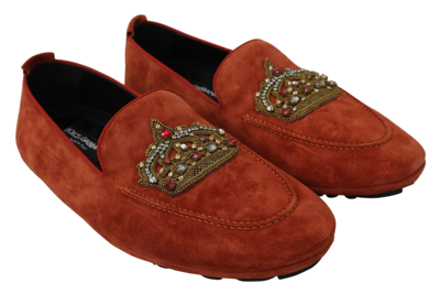 Shop Dolce & Gabbana Orange Leather Moccasins Crystal Crown Slippers Men's Shoes