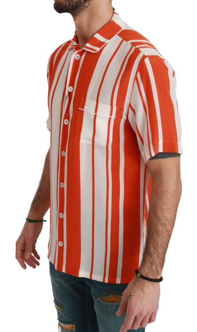 Shop Dolce & Gabbana Orange Silk Striped Short Sleeve White Men's Shirt