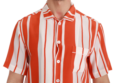 Shop Dolce & Gabbana Orange Silk Striped Short Sleeve White Men's Shirt