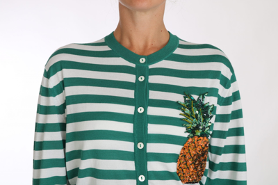 Shop Dolce & Gabbana Pineapple Embellished Cardigan Striped Women's Sweater In Green