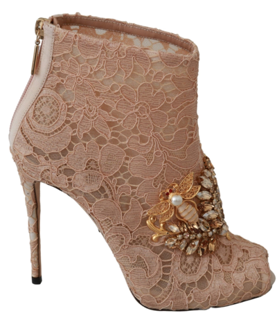 Shop Dolce & Gabbana Pink Crystal Lace Booties Stilettos Women's Shoes