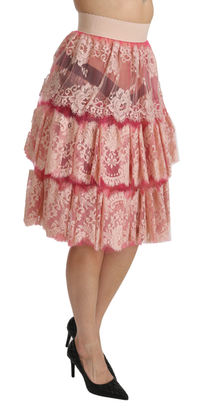 Dolce & Gabbana Pink Lace Layered High Waist Knee Length Skirt In Pink
