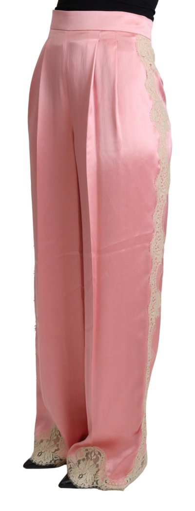 Shop Dolce & Gabbana Pink Lace Trimmed Silk Satin Wide Legs Women's Pants