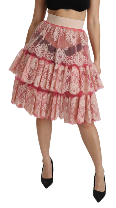 Dolce & Gabbana Pink Lace Layered High Waist Knee Length Skirt In Pink