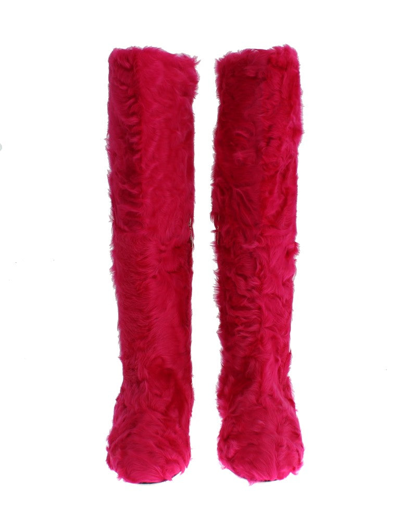 Shop Dolce & Gabbana Pink Lamb Fur Leather Flat Women's Boots